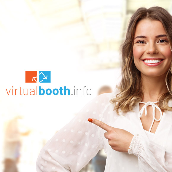 Virtual booth - Virtueller Messestand Virtual booth - Frau zeigt auf den Verweis zum virtuellen Messestand